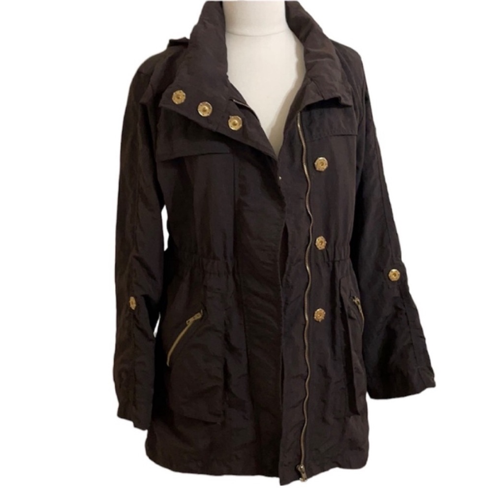 INTRO Womens Dark Chocolate Brown Hooded Windbreaker Gold Front Snaps Small